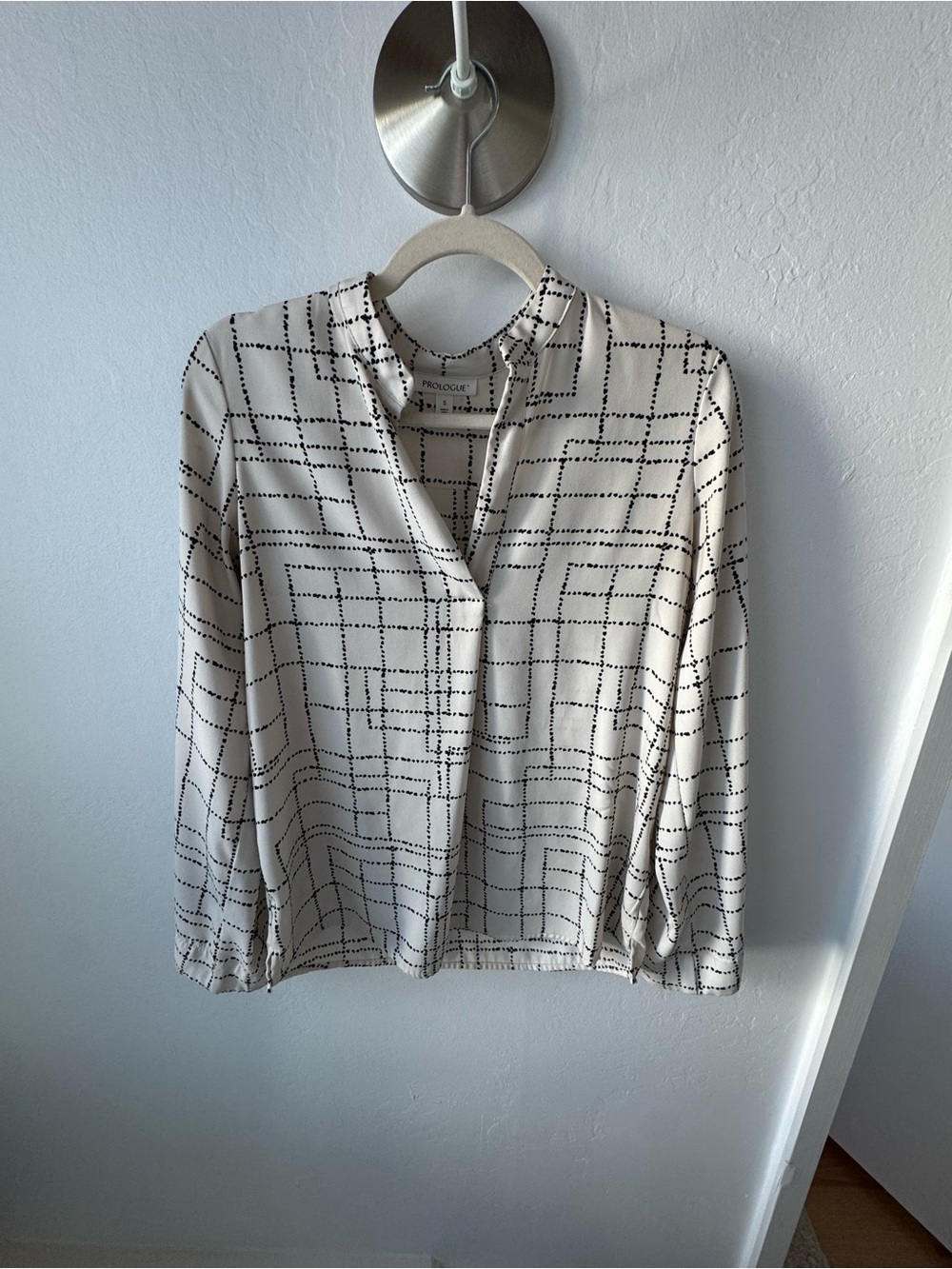 Ivory and Black Grid-Print Long Sleeve Blouse